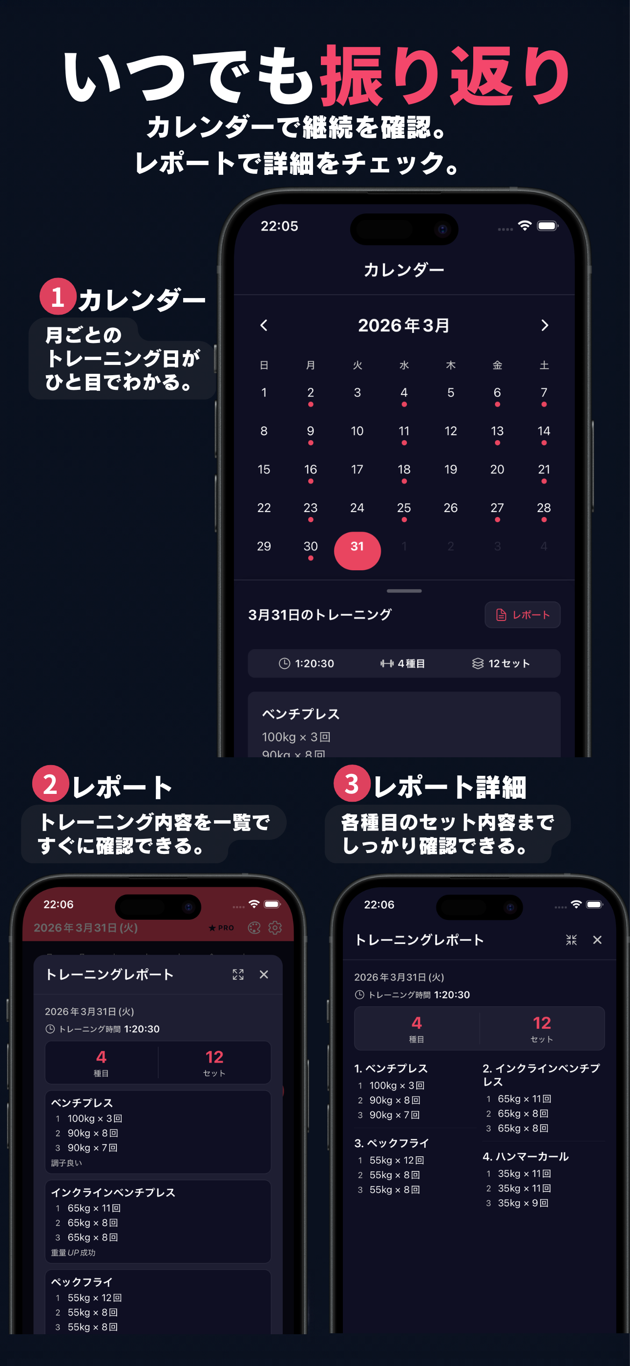 カレンダーとレポートでトレーニングを振り返り — 月ごとのトレーニング日が一目でわかる